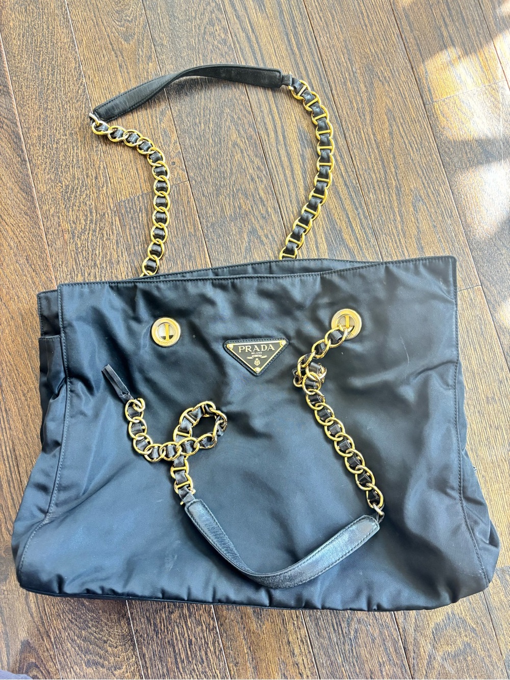 Authentic Prada Black Nylon Shoulder Bag with Gold Chain Straps - Picture 3 of 7
